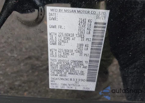 2019 Nissan Rogue Sv z USA, uszkodzony, nr VIN 5N1AT2MV2KC833390